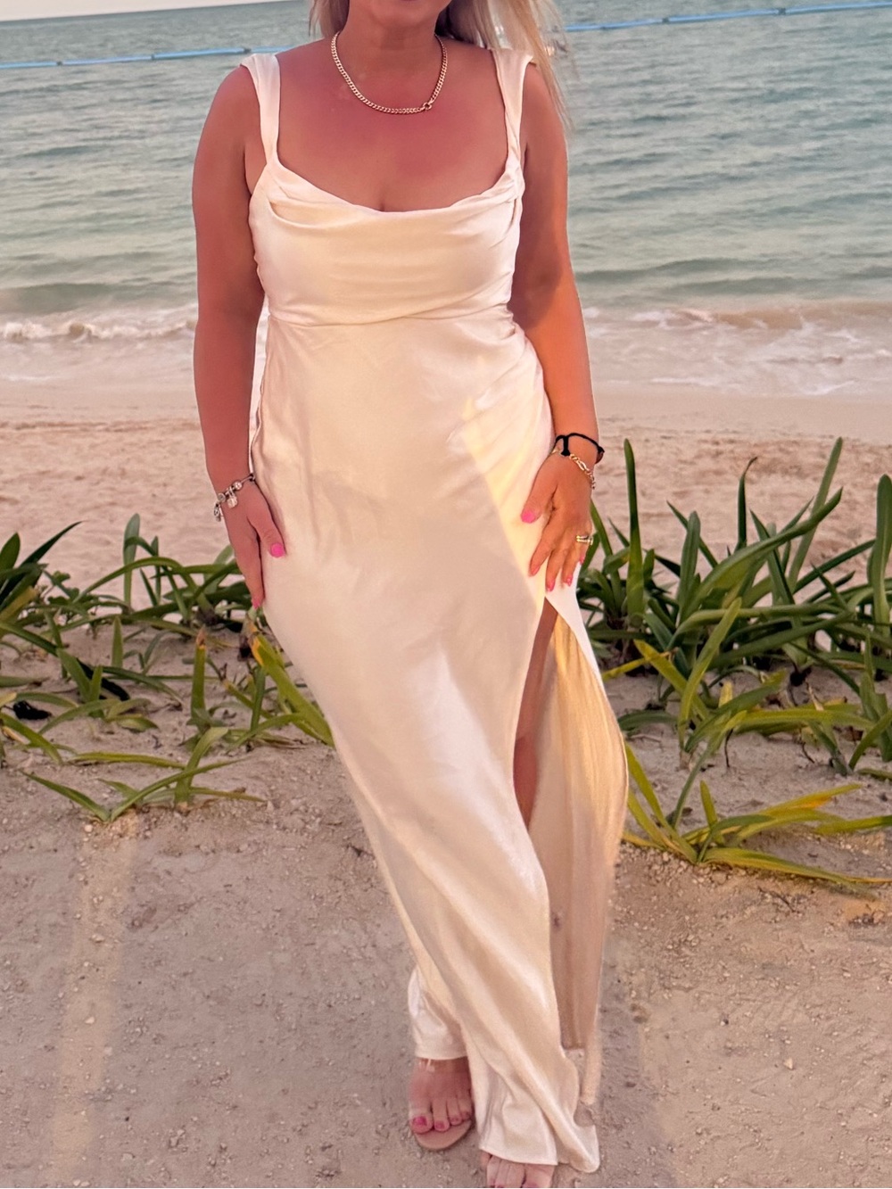 Women's Cream Satin Cowl Neck Maxi Dress with Side Slit